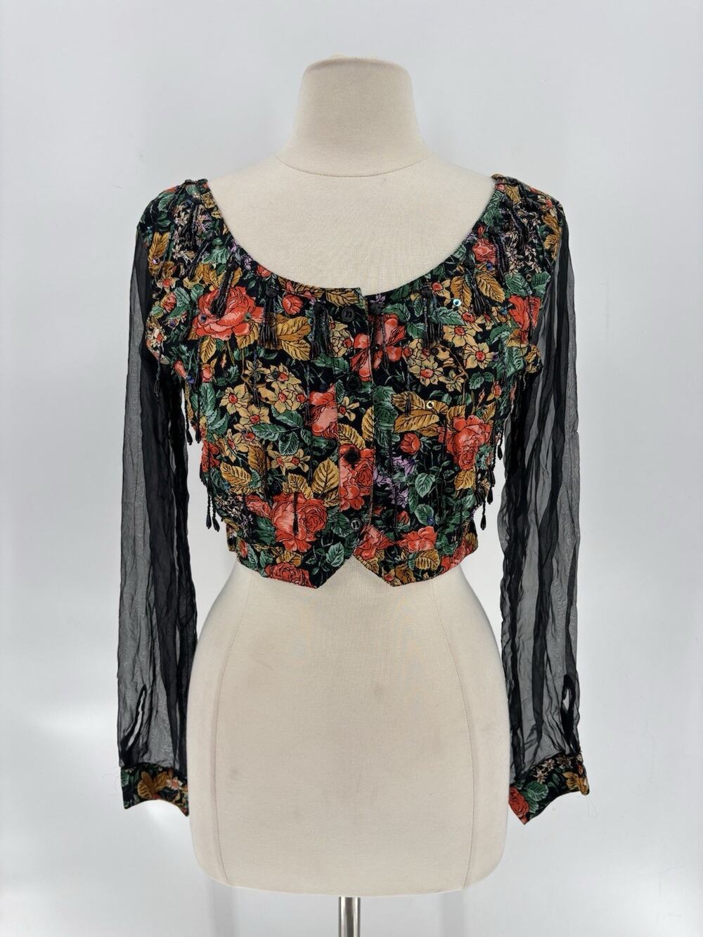 Vintage 90s Crop Top Womens Medium Black Floral Mesh Sleeve Beaded Button Sequin